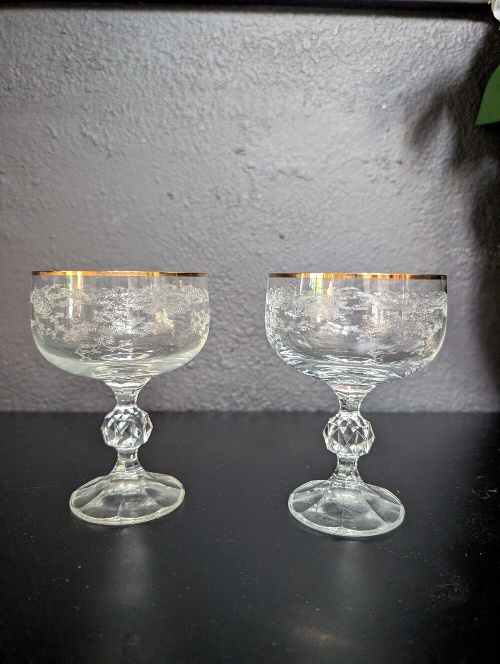 Vintage, set of 2, Bohemian Gold Trim Crystal lace-etched coupes, 5"